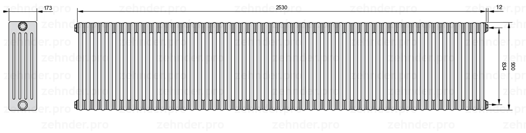Схема (чертеж) Радиатор Zehnder Charleston 5090/55 №7610 Белый глянцевый RAL 9016